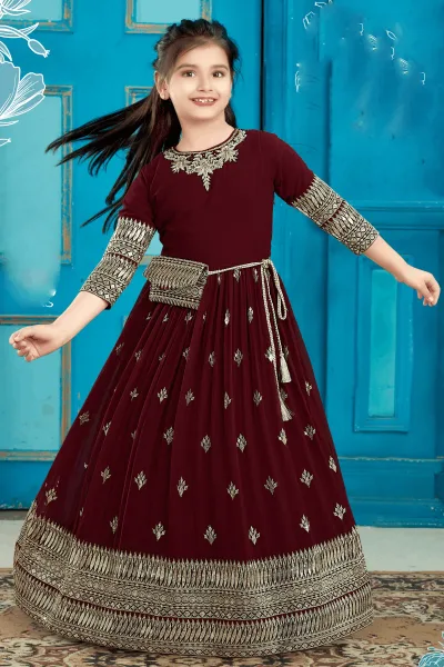 Maroon Sequins, Stone and Zari work Long Party Gown